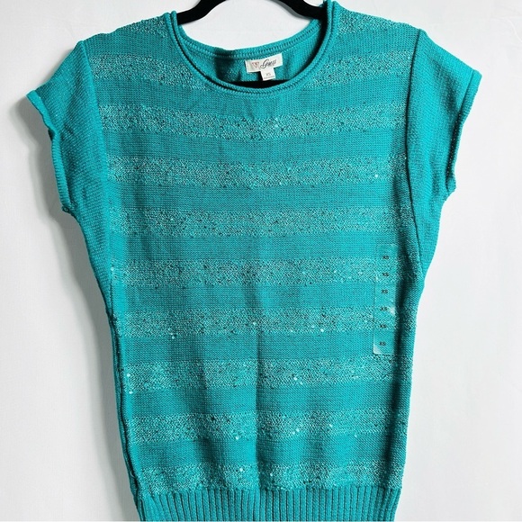 NWT Guess Women’s Sz XSmall Bombay Sapphire Anali Sequin Short Sleeve Sweater - Picture 3 of 8